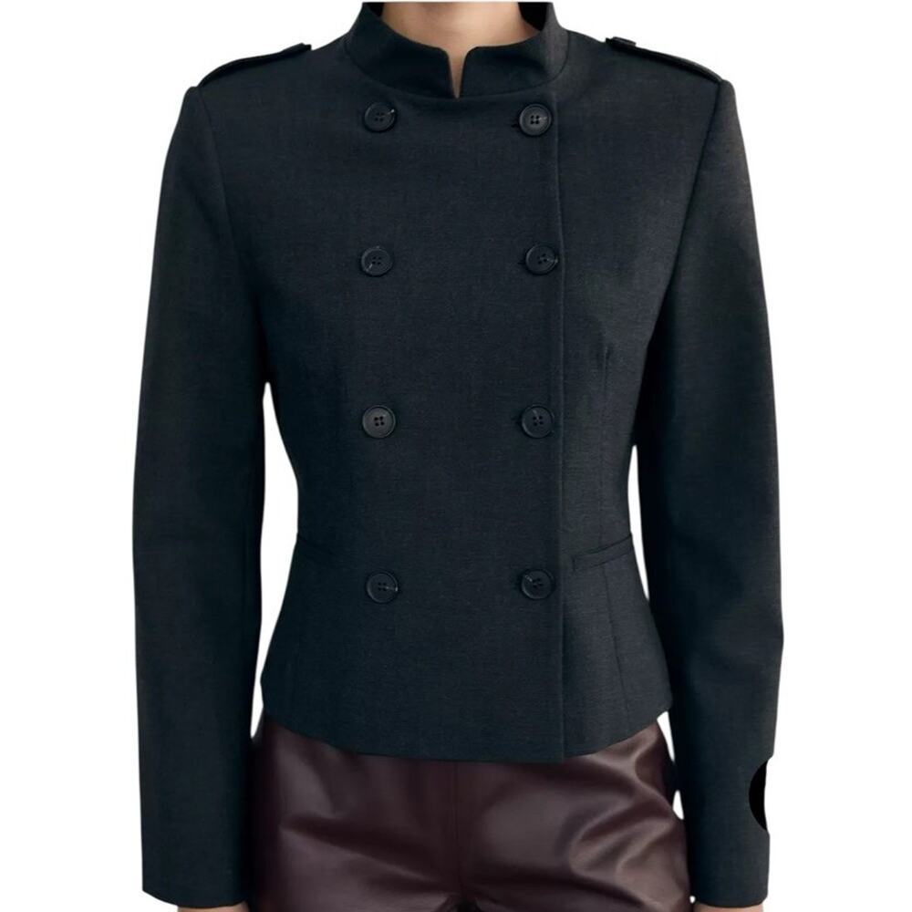 Zara Fitted Blazer Jacket with Tabs Medium Dark‎ Gray Academia Double Breasted - Picture 3 of 16